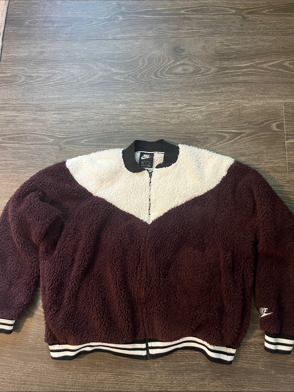 Nike Women's Sherpa Bomber Jacket Cream and Burgundy